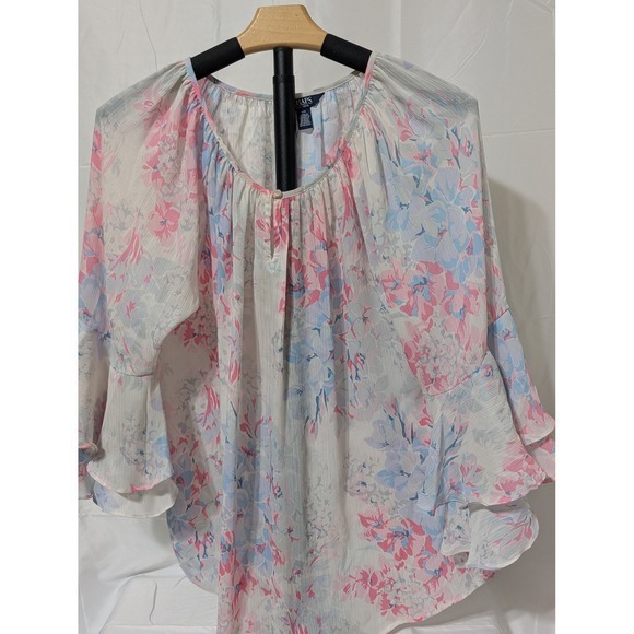 Chaps Tops - Chaps Womens Floral Bell‎ Sleeve Peasant Blouse Pink Blue Watercolor Top Large